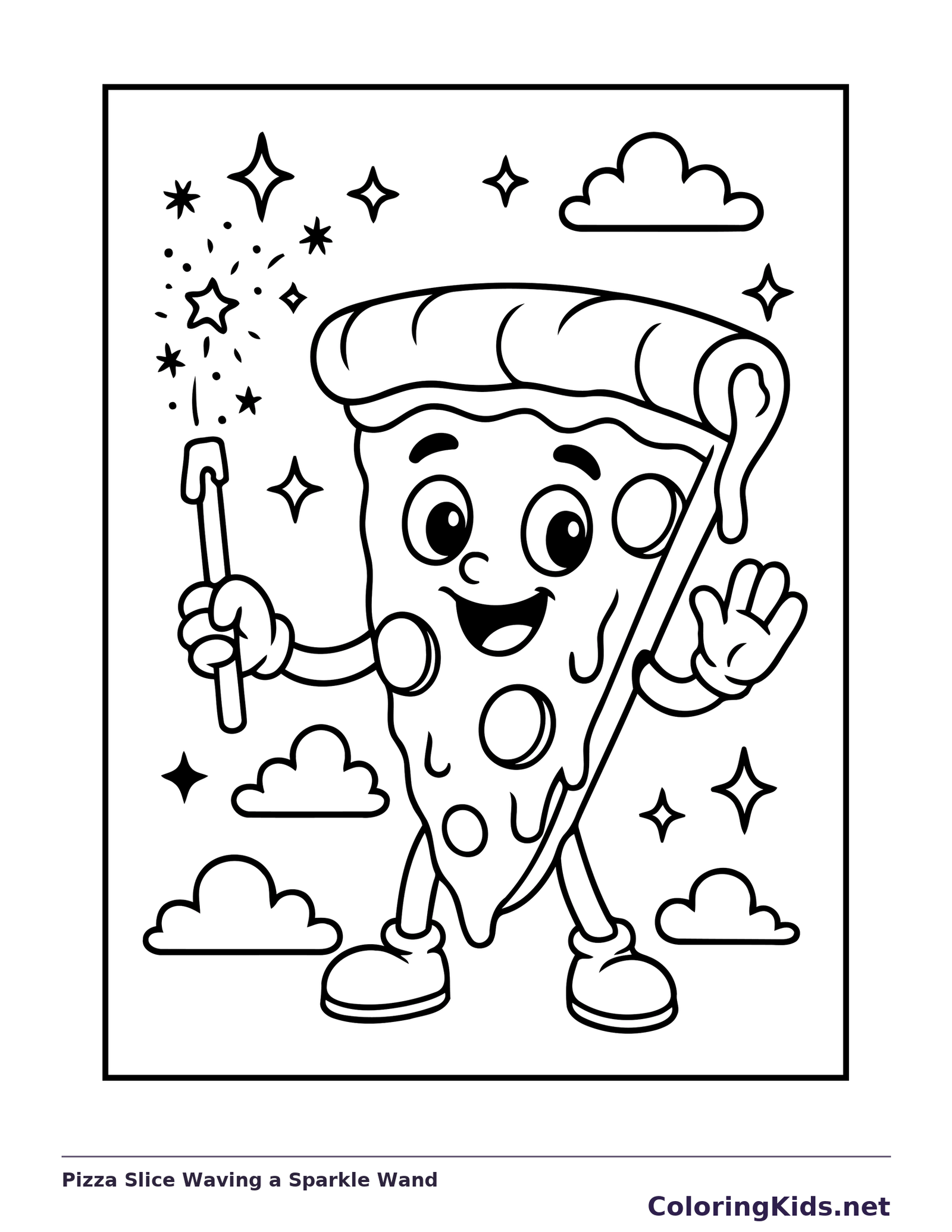 Black and white printable pizza slice waving a sparkle wand coloring sheet