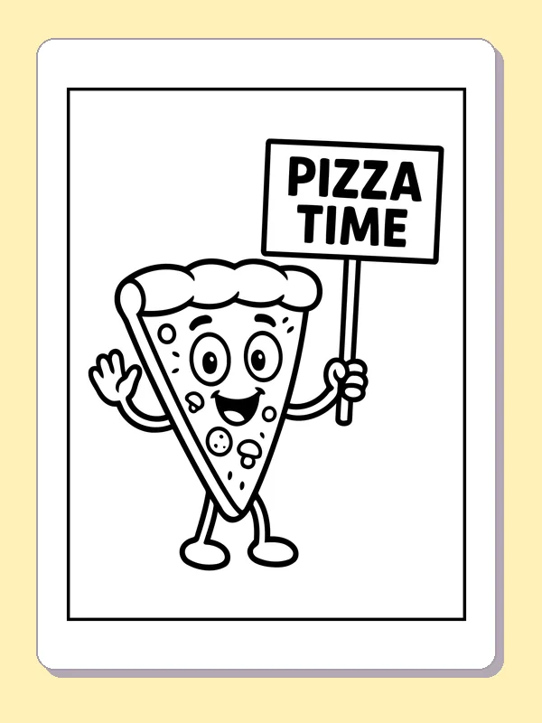 Black and white printable pizza slice carrying a pizza time sign coloring sheet