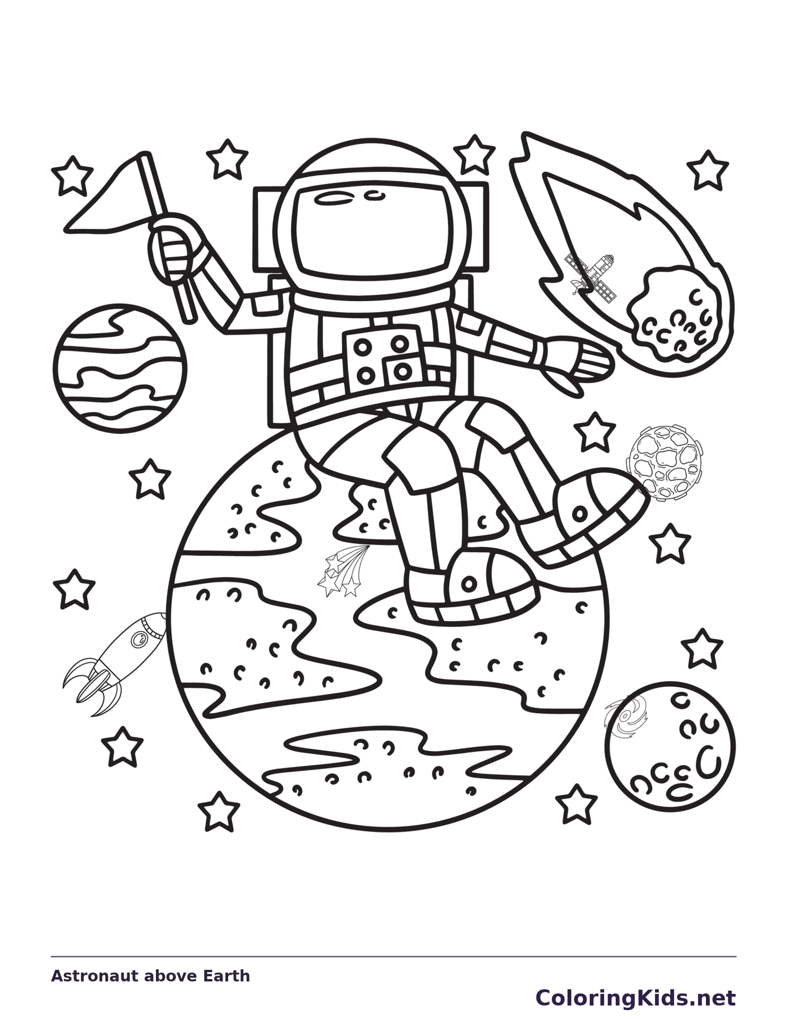 Black and white printable astronaut above earth coloring sheet