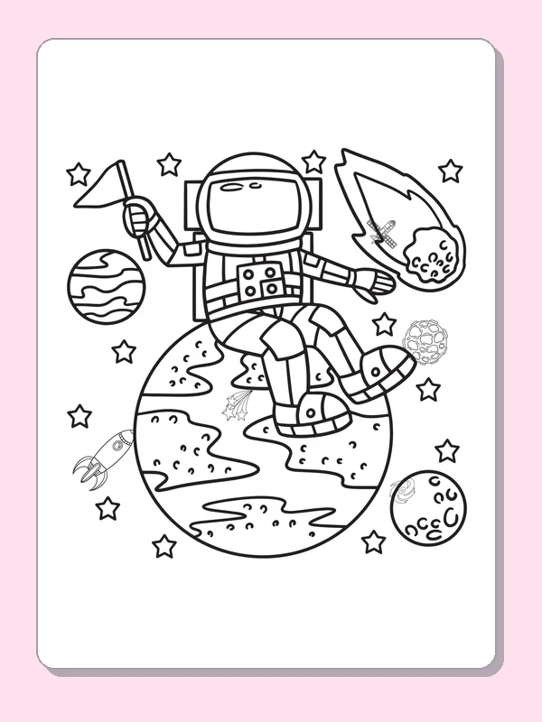 Black and white printable astronaut above earth coloring sheet