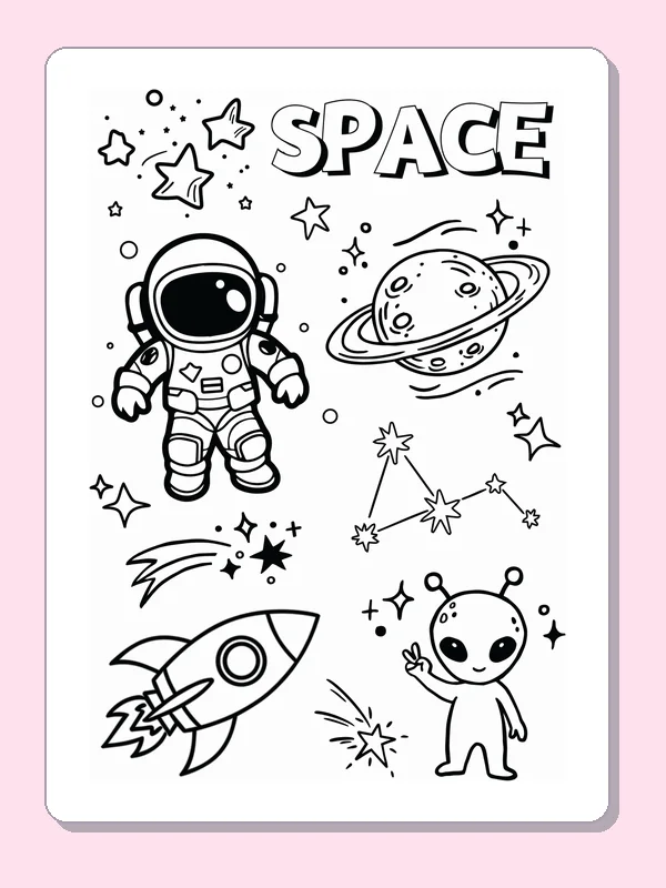 Black and white printable astronaut beside a ringed planet coloring sheet