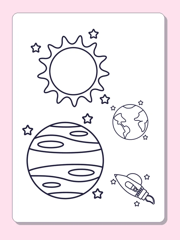 Black and white printable big striped planet below the sun coloring sheet