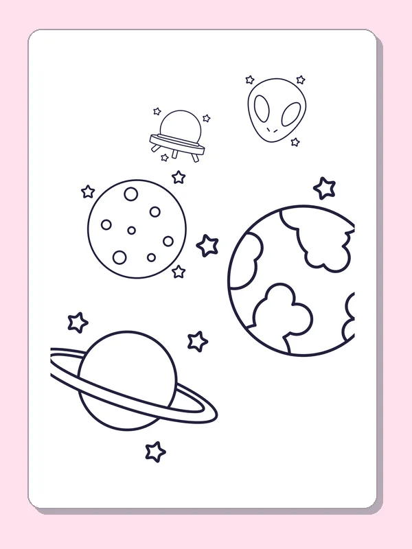 Black and white printable earth and a ringed world coloring sheet