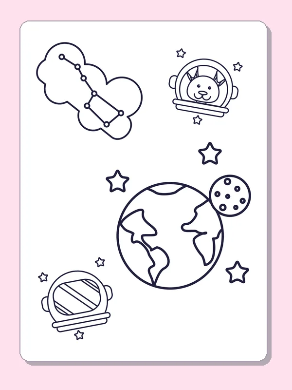 Black and white printable earth beside a small planet coloring sheet