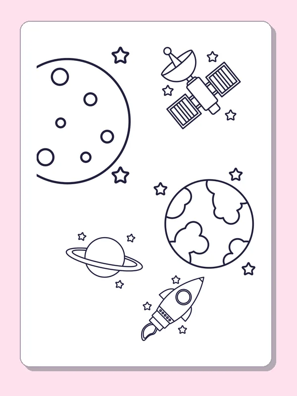Black and white printable earth with a nearby moon coloring sheet