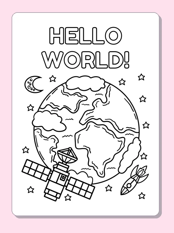 Black and white printable earth with a satellite coloring sheet