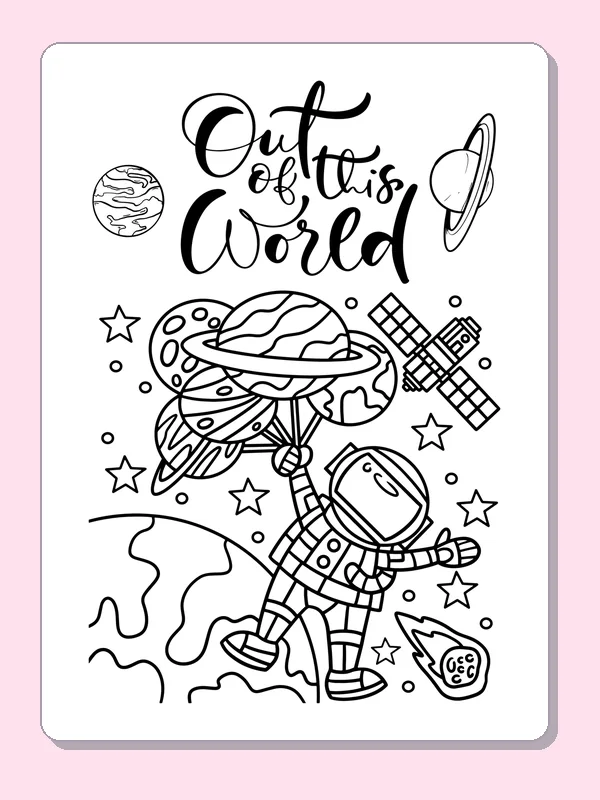 Black and white printable explorer near a ringed planet coloring sheet