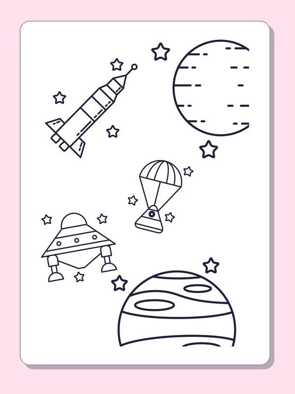 Black and white printable large planet with a parachute craft coloring sheet