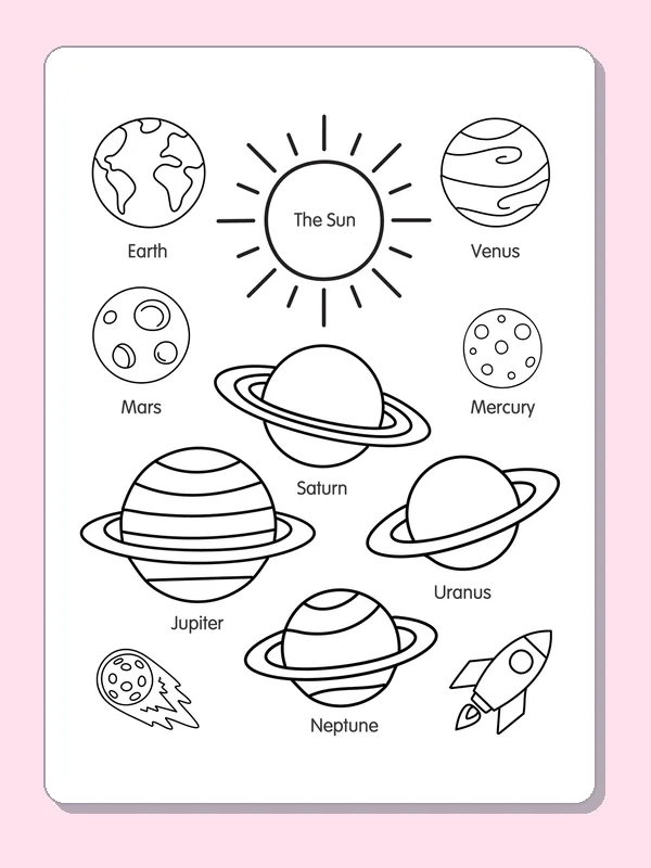 Black and white printable planets around the sun coloring sheet