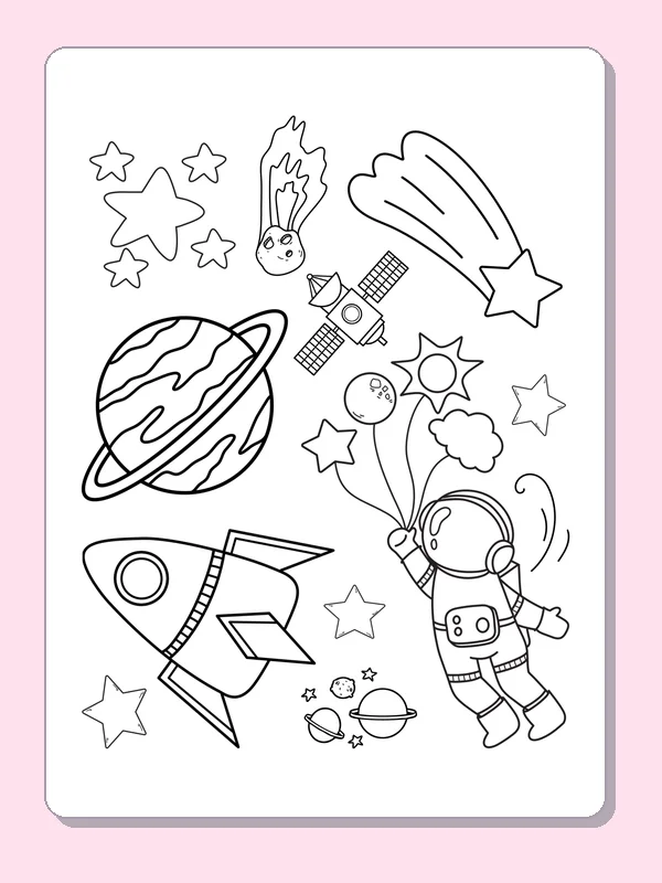 Black and white printable ringed world beside a rocket coloring sheet