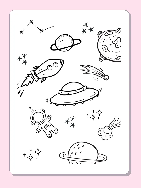 Black and white printable rocket among ringed worlds coloring sheet