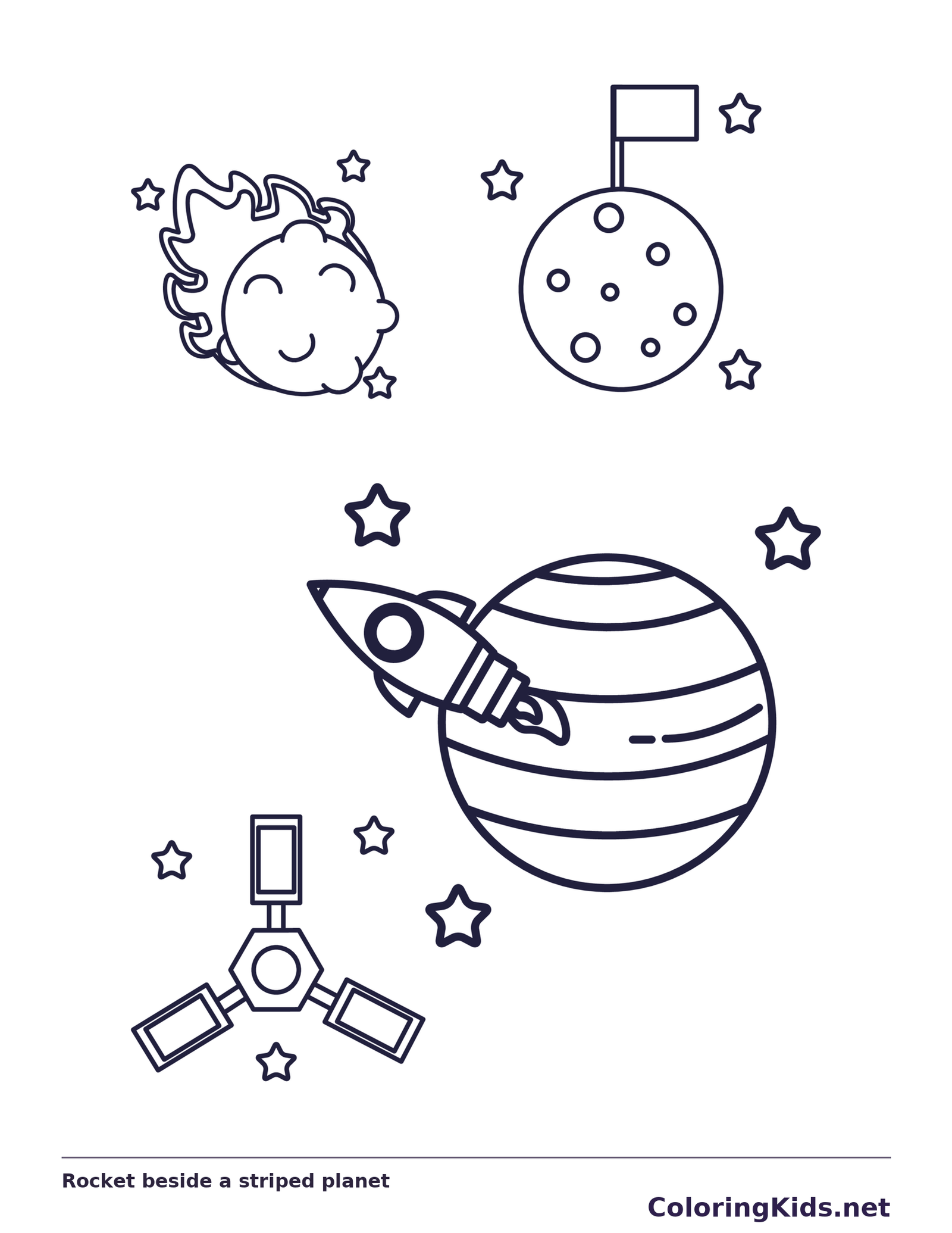 Black and white printable rocket beside a striped planet coloring sheet