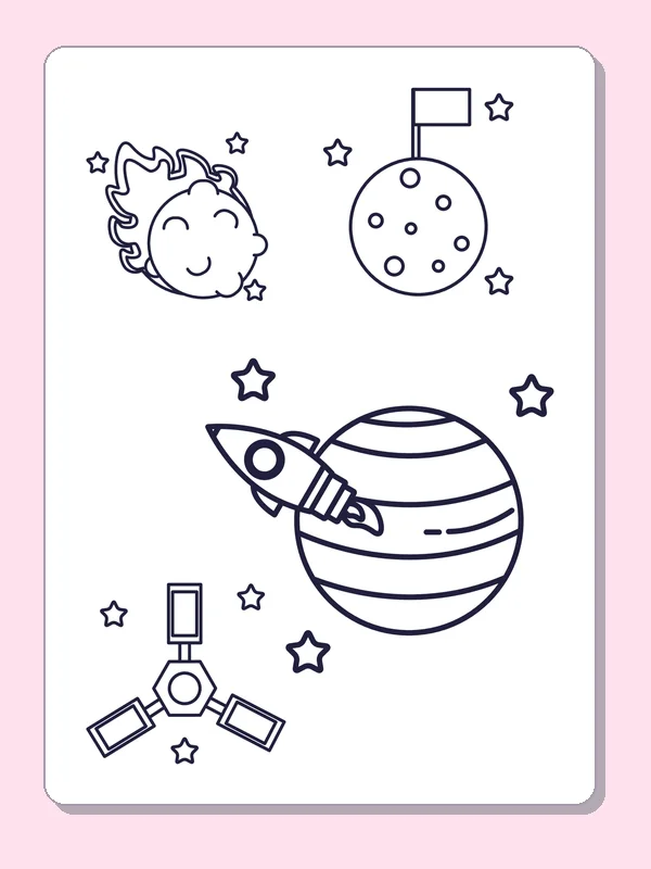 Black and white printable rocket beside a striped planet coloring sheet