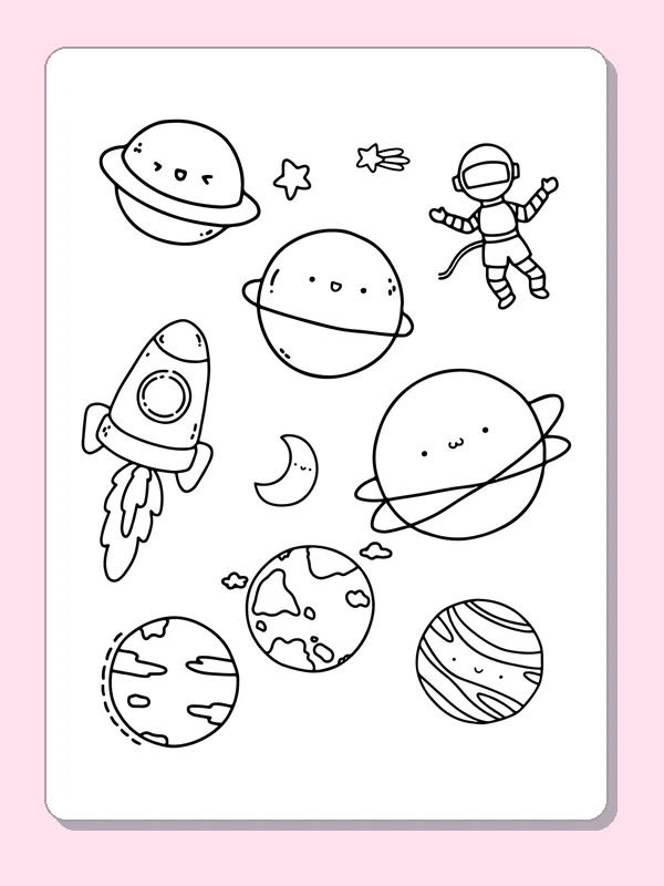 Black and white printable smiling planets in space coloring sheet