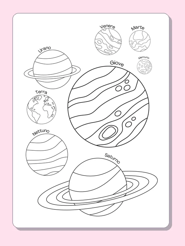 Black and white printable solar system with labeled planets coloring sheet