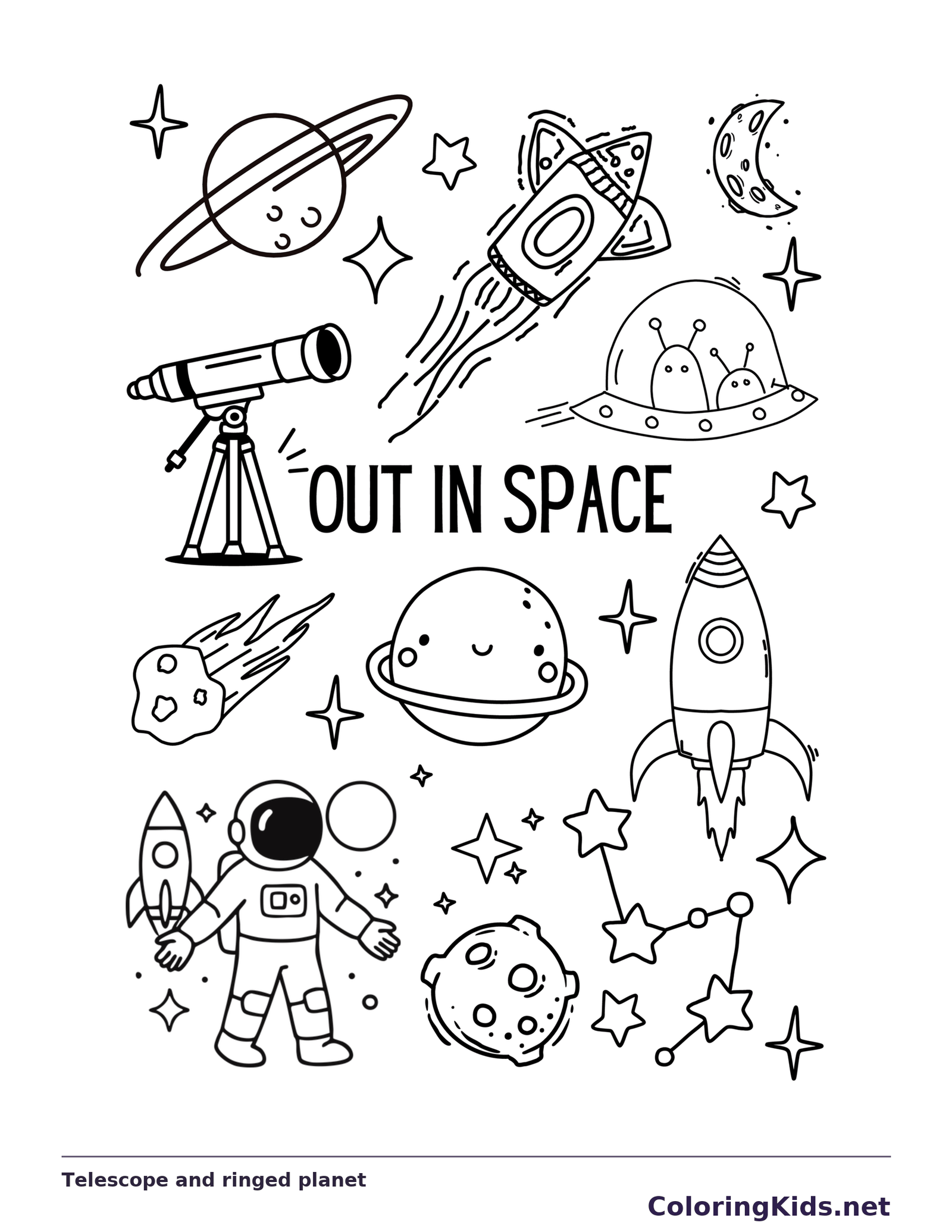 Black and white printable telescope and ringed planet coloring sheet