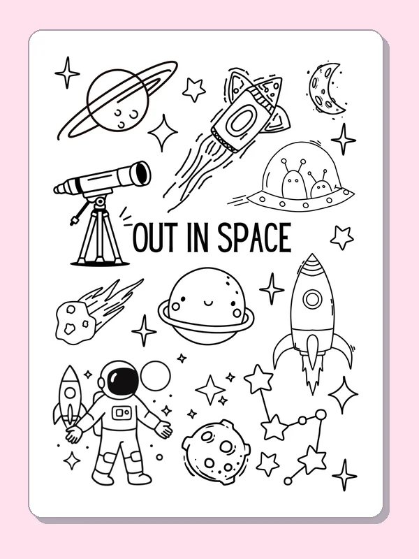Black and white printable telescope and ringed planet coloring sheet
