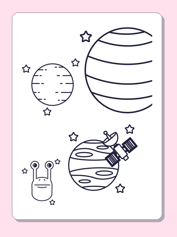 Black and white printable two striped planets and a satellite coloring sheet