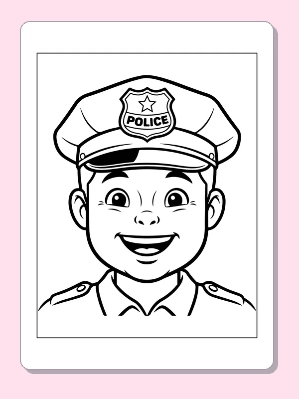 Black and white printable close portrait of a smiling officer coloring sheet