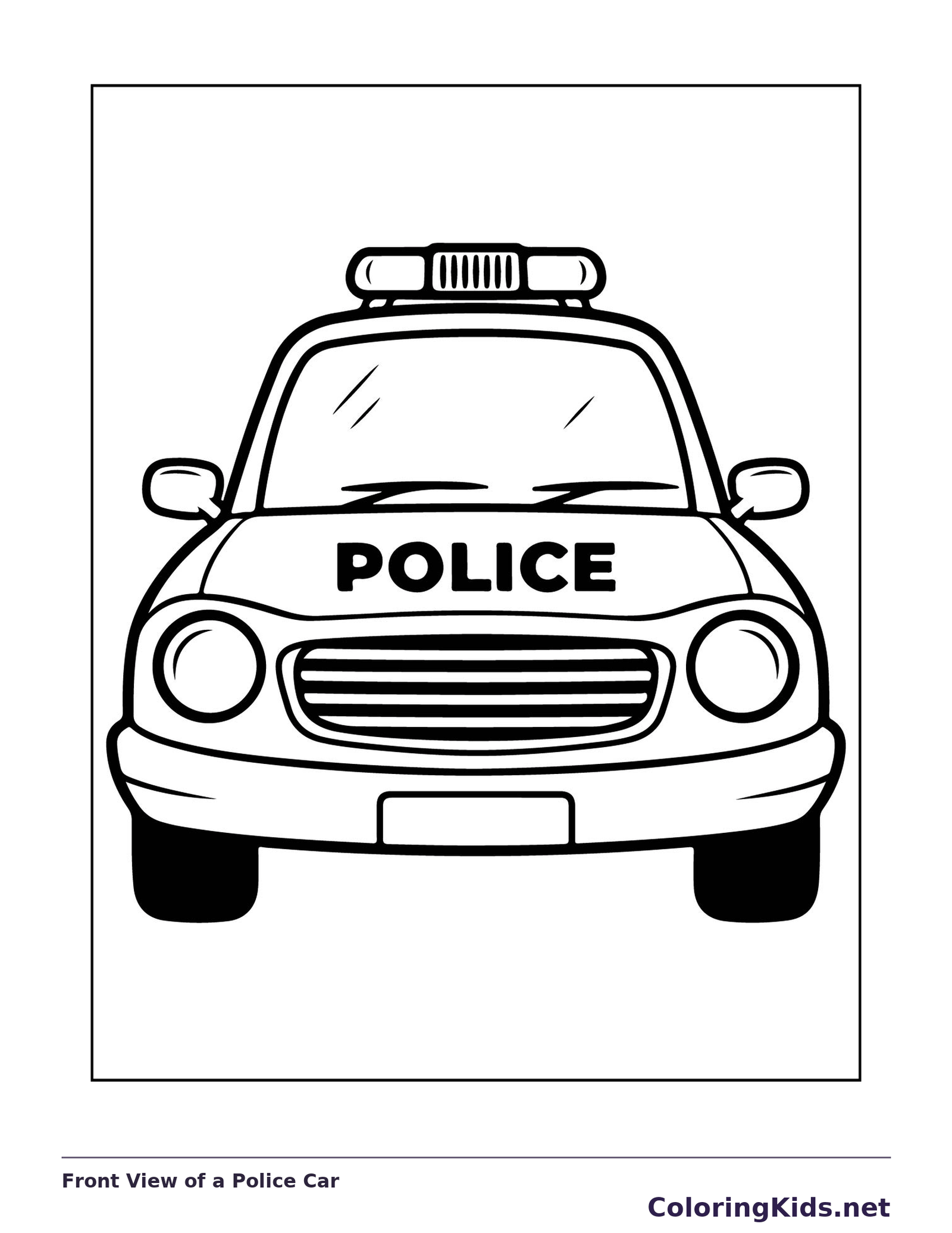 Black and white printable front view of a police car coloring sheet
