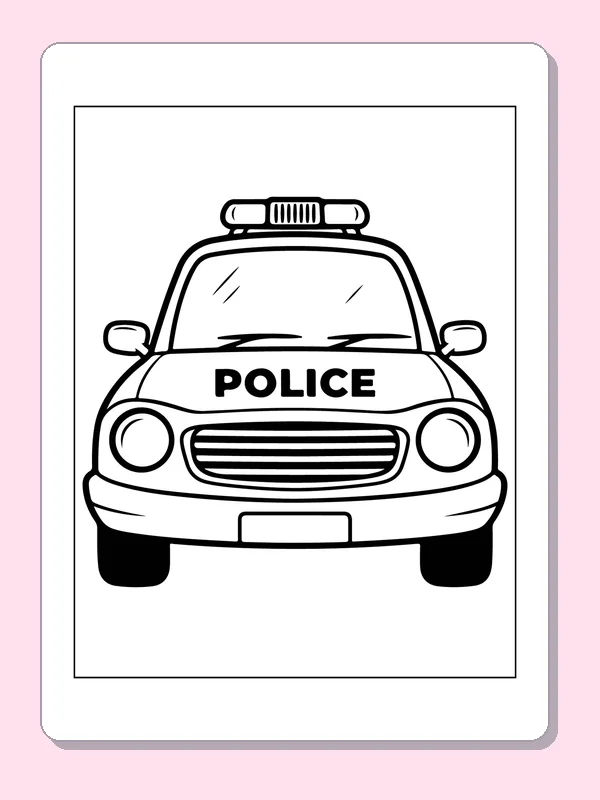 Black and white printable front view of a police car coloring sheet