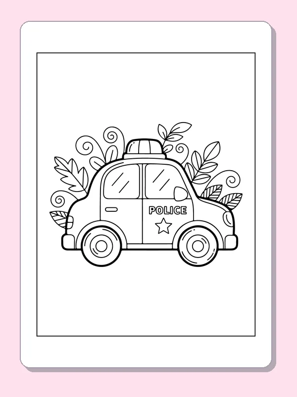Black and white printable little police car with flower border coloring sheet