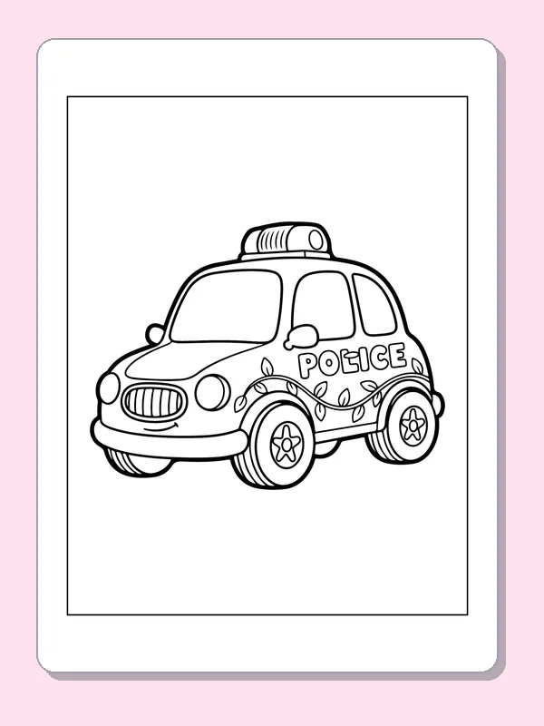 Black and white printable little police car with roof light coloring sheet