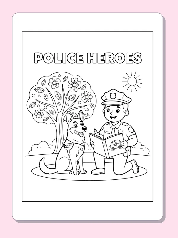 Black and white printable officer and police dog beneath a tree coloring sheet