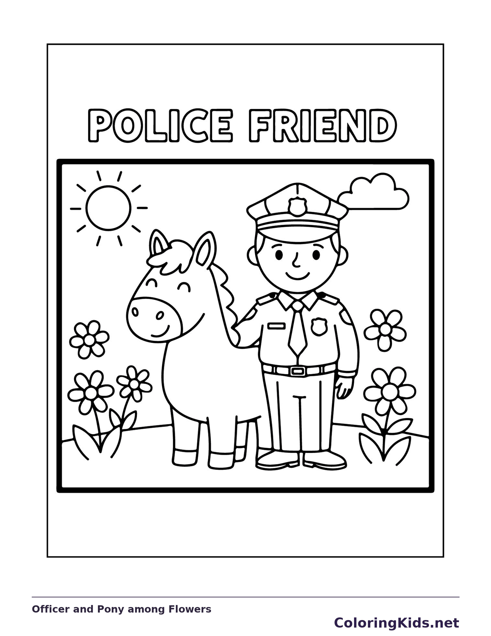 Black and white printable officer and pony among flowers coloring sheet