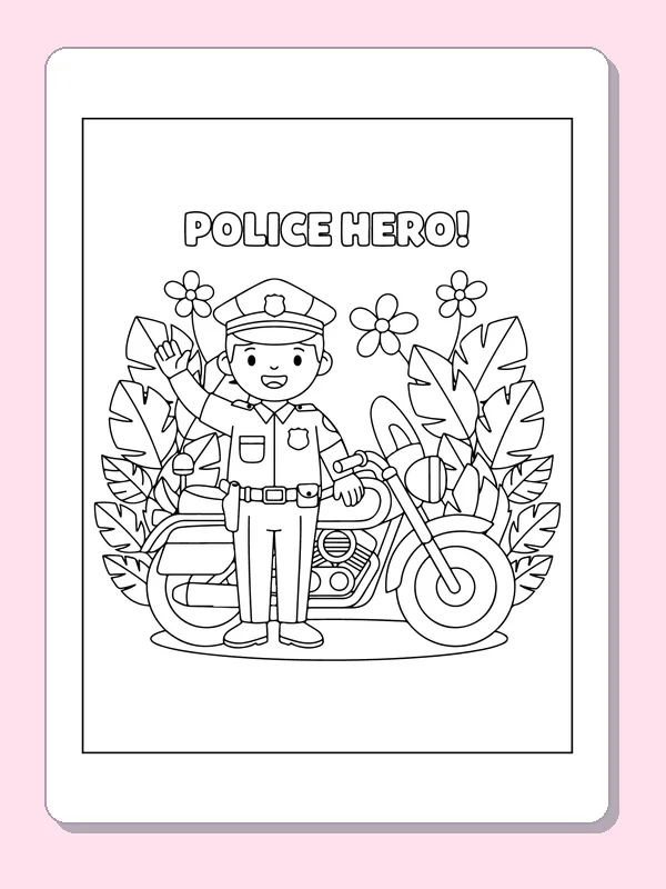 Black and white printable officer beside a police motorcycle coloring sheet