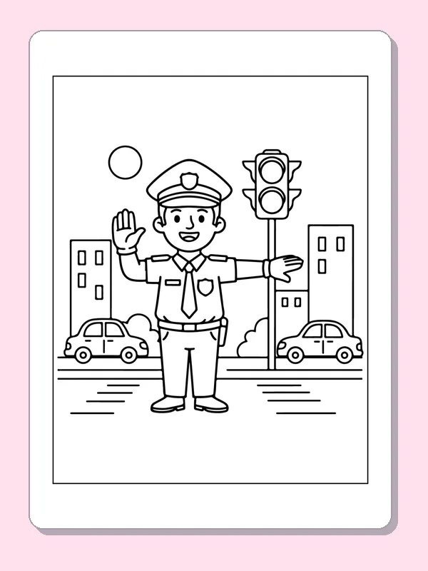 Black and white printable officer directing cars at a crossing coloring sheet