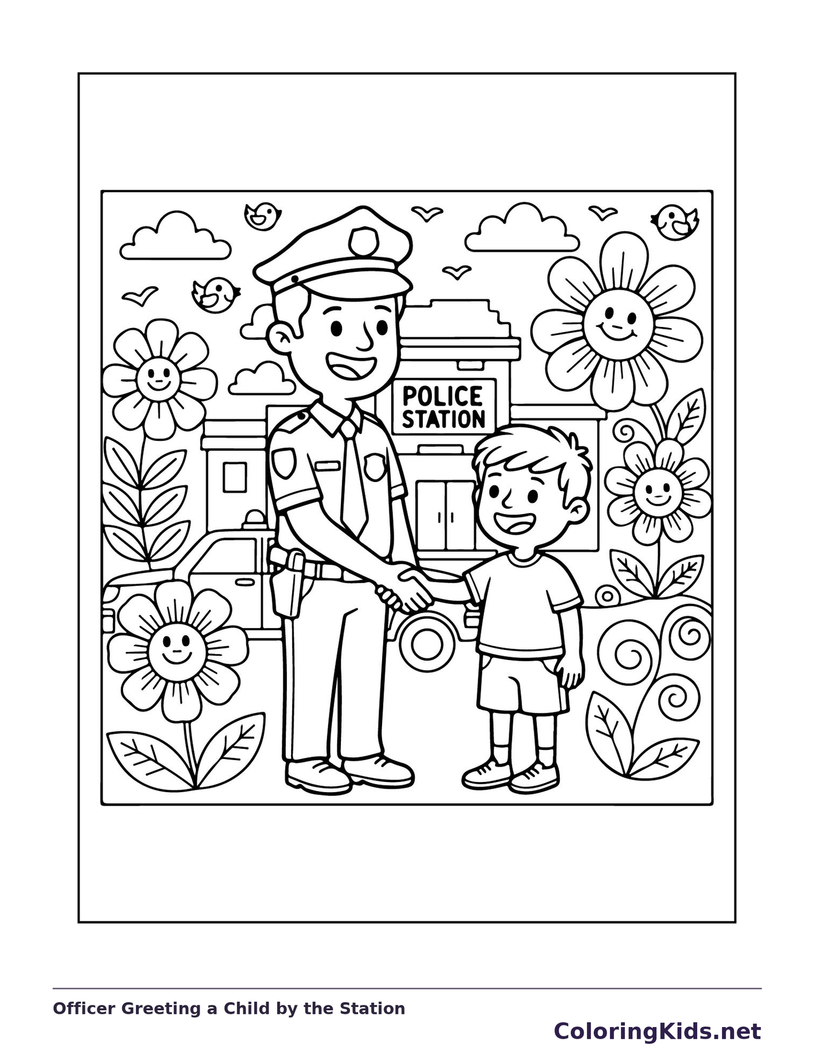 Black and white printable officer greeting a child by the station coloring sheet