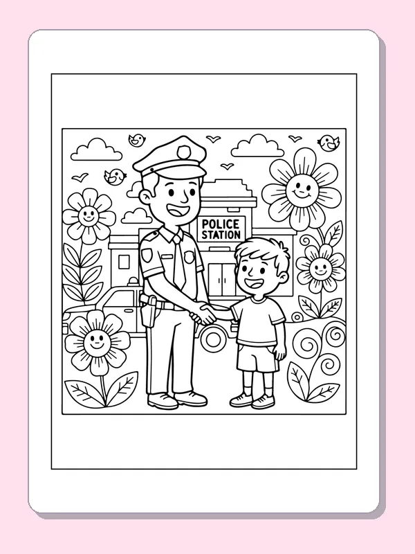Black and white printable officer greeting a child by the station coloring sheet