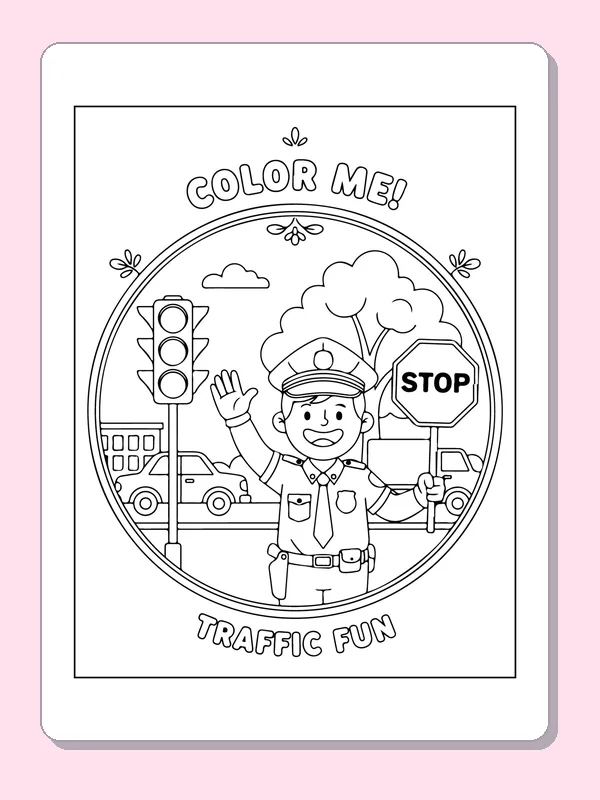 Black and white printable officer guiding traffic at a stop sign coloring sheet
