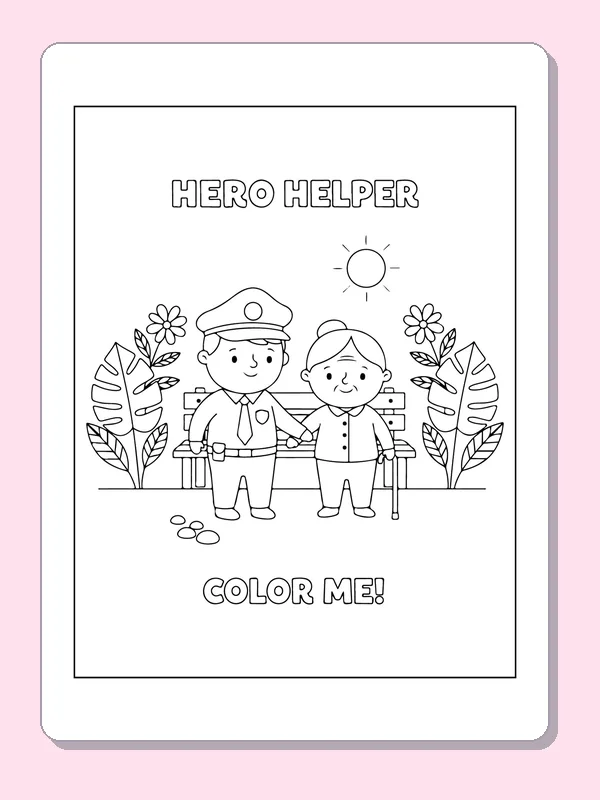 Black and white printable officer helping an older neighbor coloring sheet