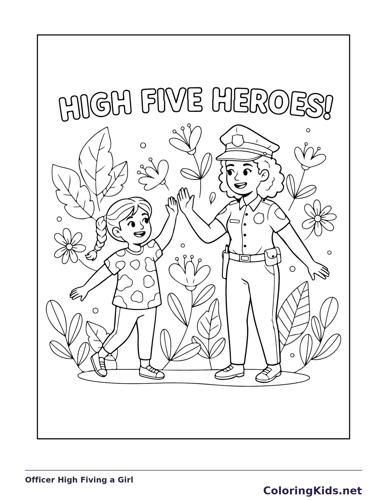Black and white printable officer high fiving a girl coloring sheet