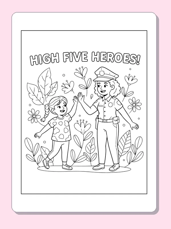Black and white printable officer high fiving a girl coloring sheet