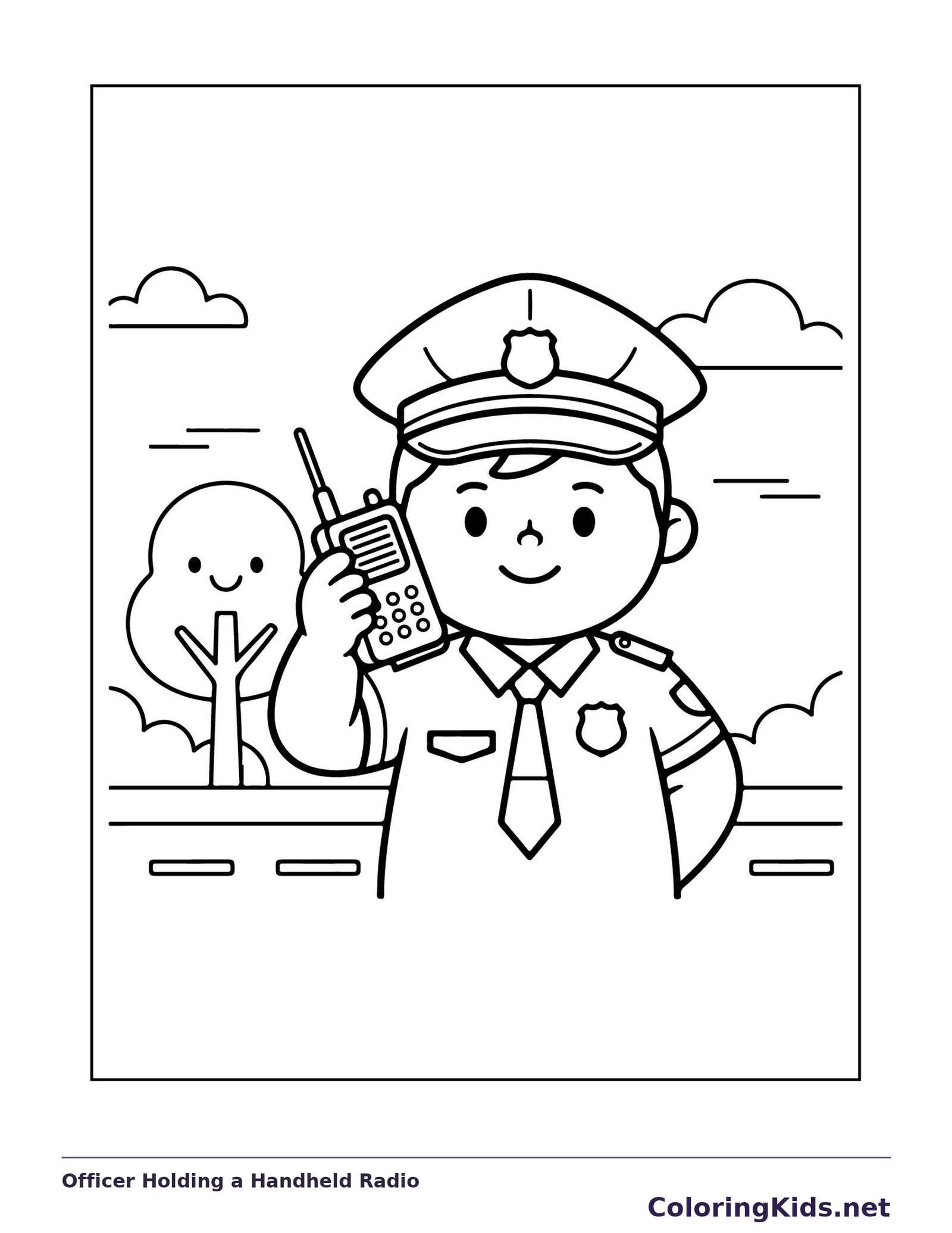 Black and white printable officer holding a handheld radio coloring sheet