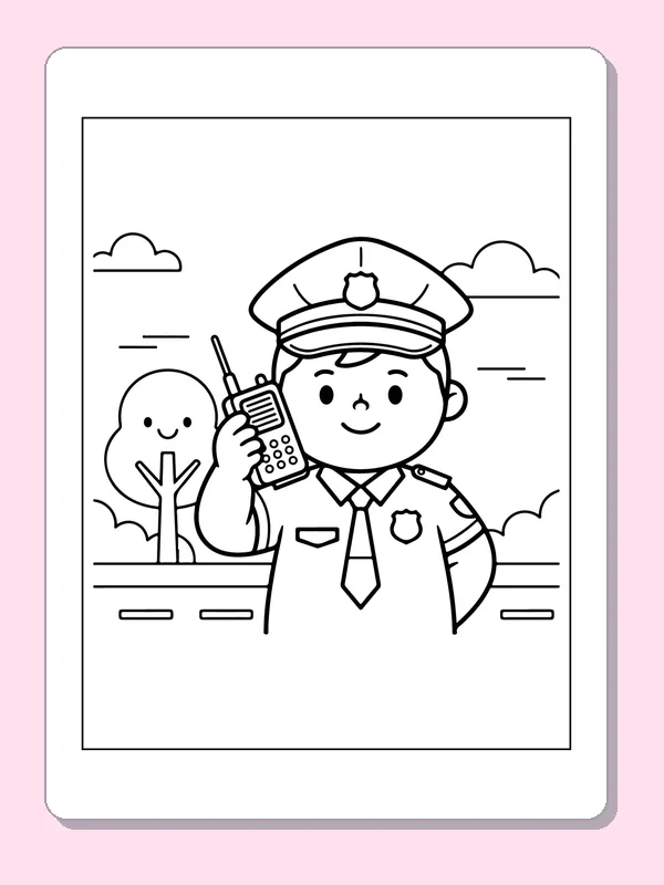 Black and white printable officer holding a handheld radio coloring sheet