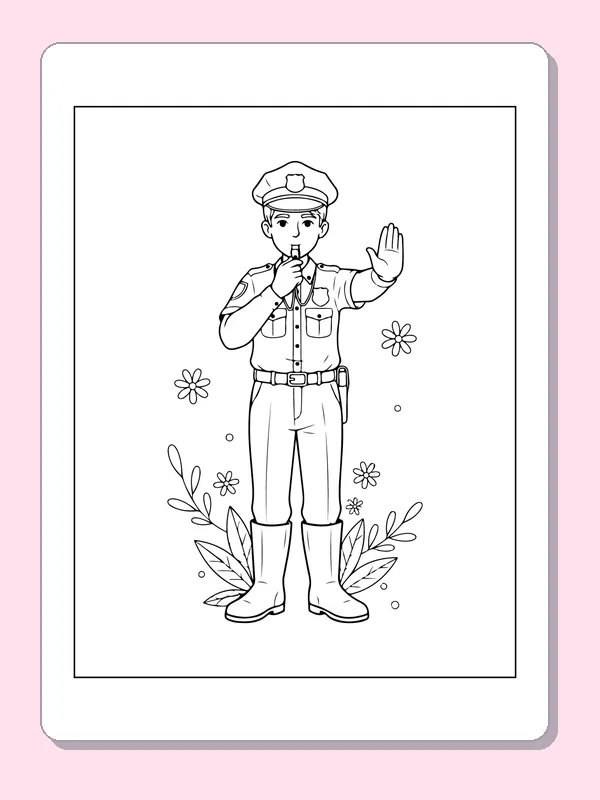 Black and white printable officer speaking into a radio coloring sheet