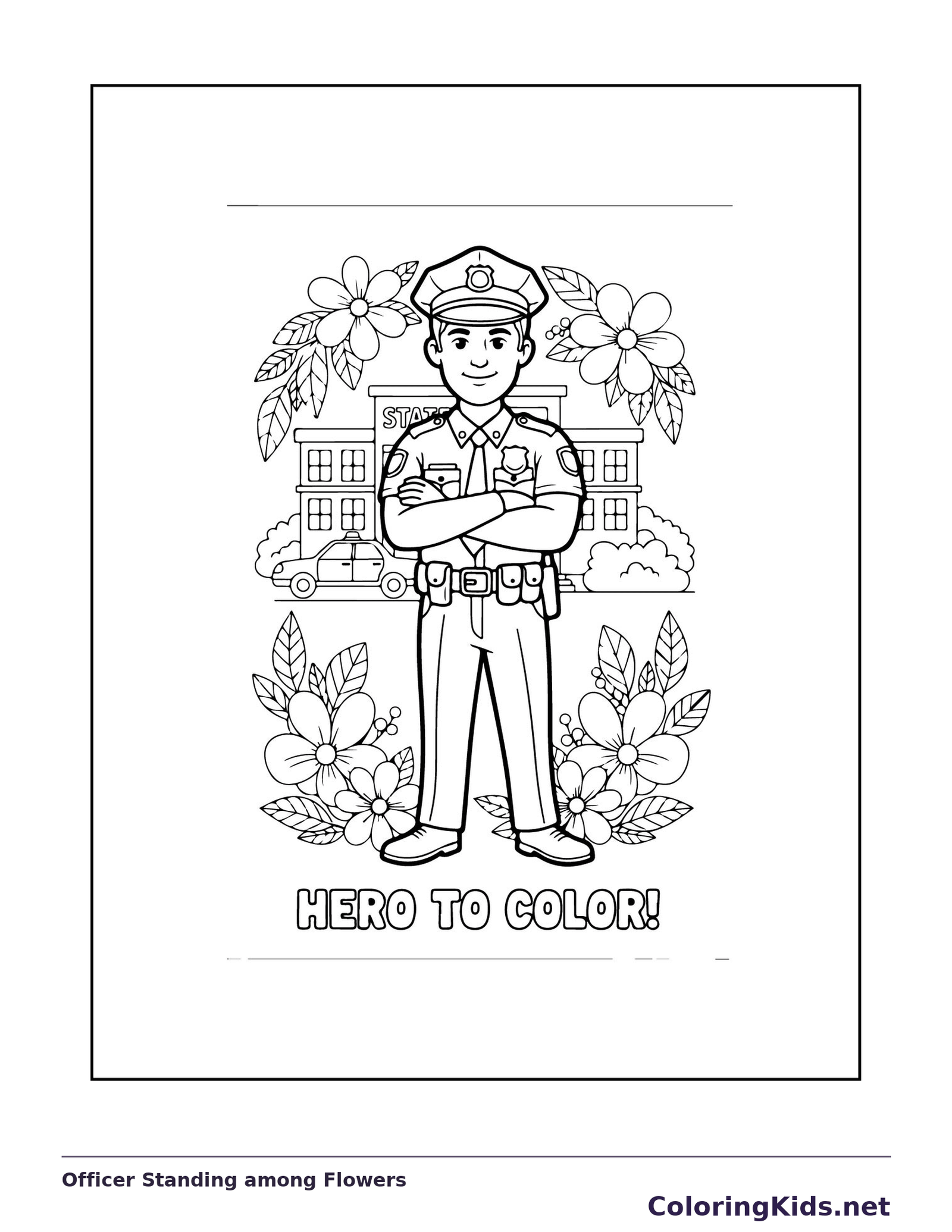Black and white printable officer standing among flowers coloring sheet
