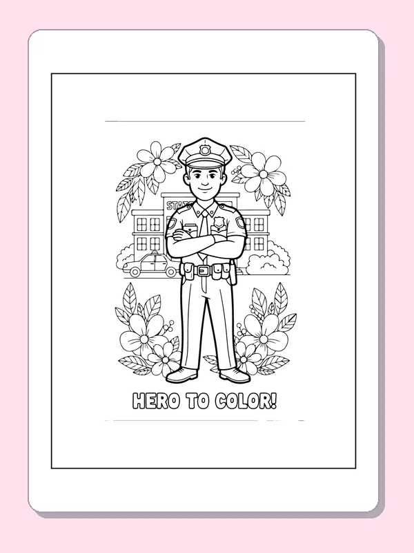 Black and white printable officer standing among flowers coloring sheet