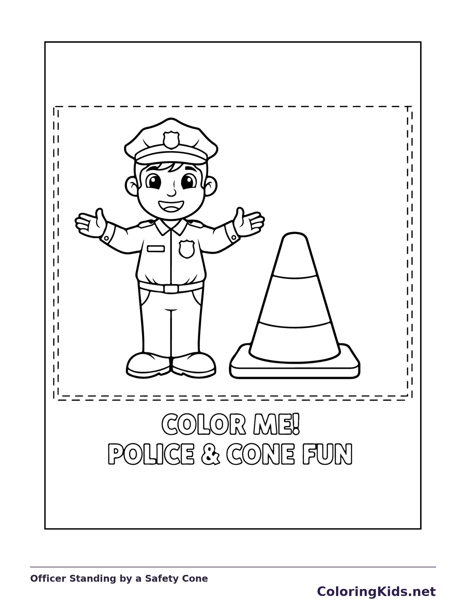 Black and white printable officer standing by a safety cone coloring sheet