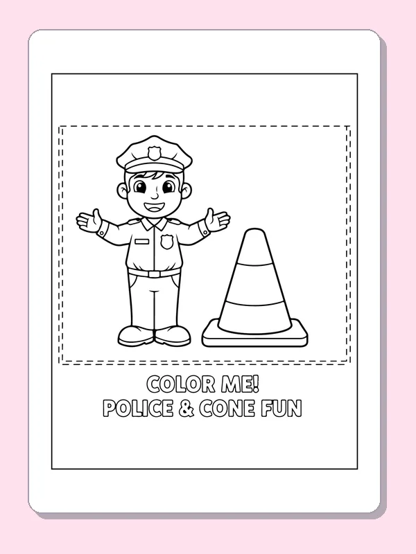 Black and white printable officer standing by a safety cone coloring sheet