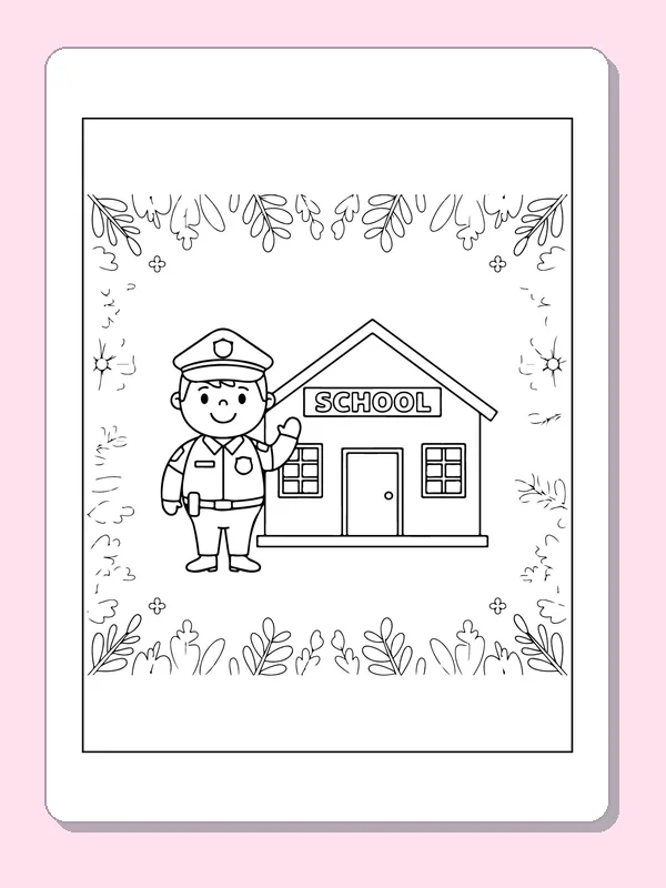 Black and white printable officer standing outside a school coloring sheet