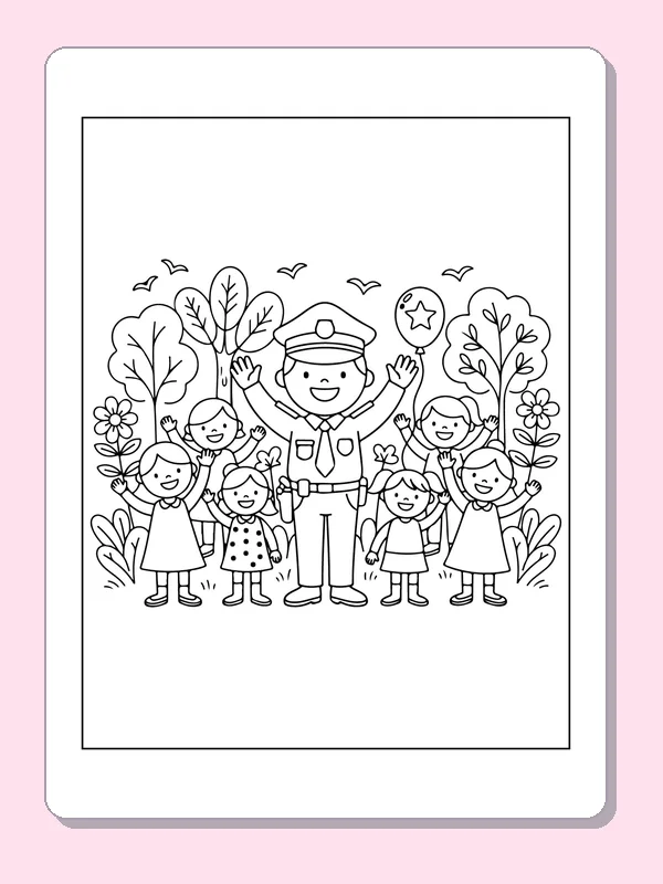 Black and white printable officer waving to children in a park coloring sheet