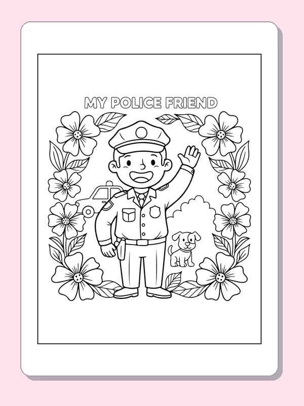 Black and white printable officer waving with a puppy nearby coloring sheet