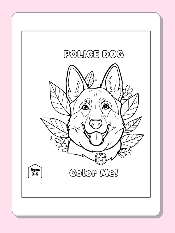 Black and white printable police dog portrait with leaves coloring sheet