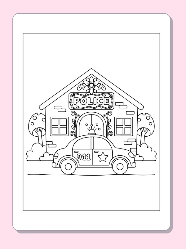 Black and white printable police station and patrol car coloring sheet
