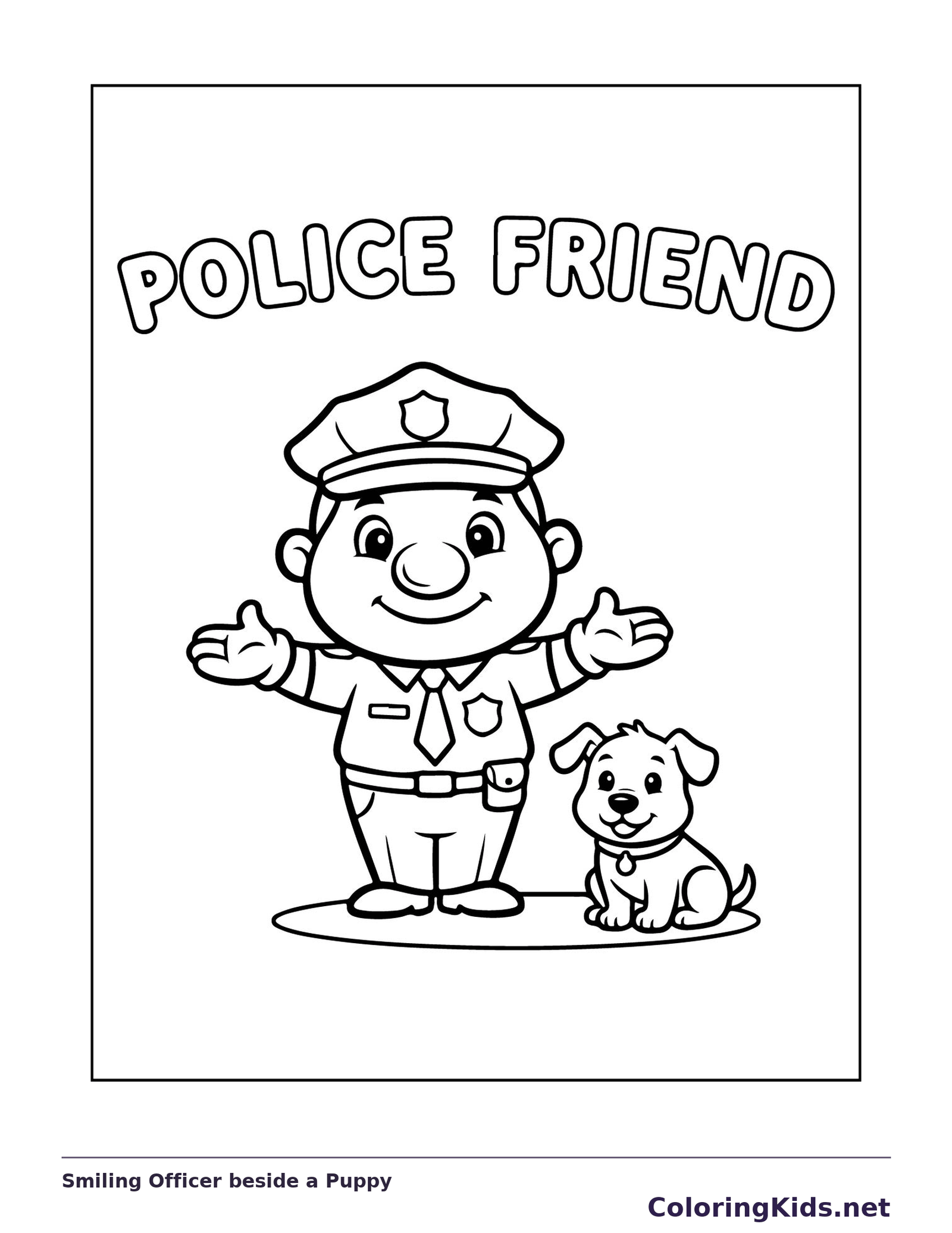 Black and white printable smiling officer beside a puppy coloring sheet